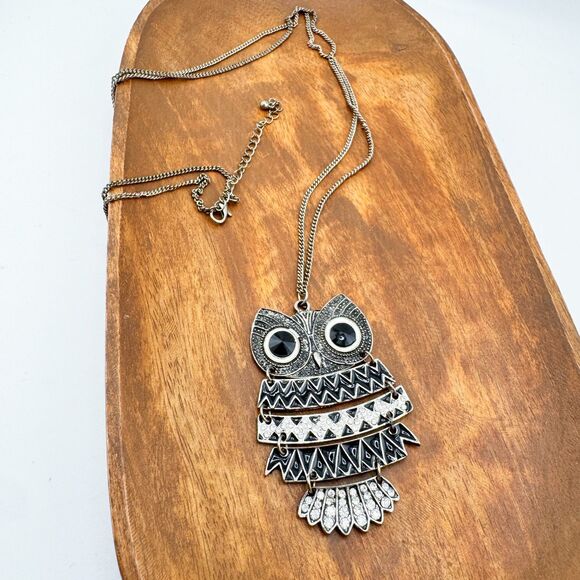 Vintage Art Deco Style Owl Pendant Necklace – Black Enamel & Rhinestone Long - Picture 10 of 13